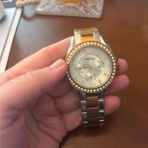 Fossil Silver and Gold Watch with Crystal Bezel